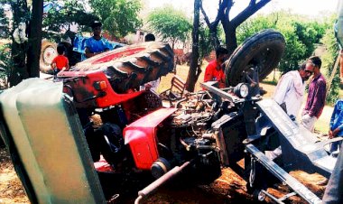 खेत में काम करते  समय असंतुलित होकर पलटा ट्रैक्टर,  ड्राइवर ने कूदकर बचाई जान