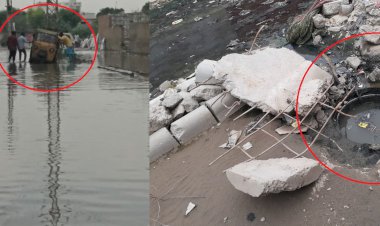 सड़क पर बने खुले चेम्बर में गिरा टेम्पों, टला बड़ा हादसा