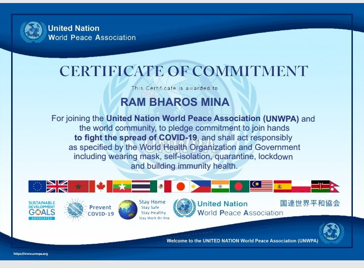 मीणा को मिला शांति सद्भावना सम्मान विश्व शांति संगठन युनाइटेड नेशनल द्वारा किया सम्मान